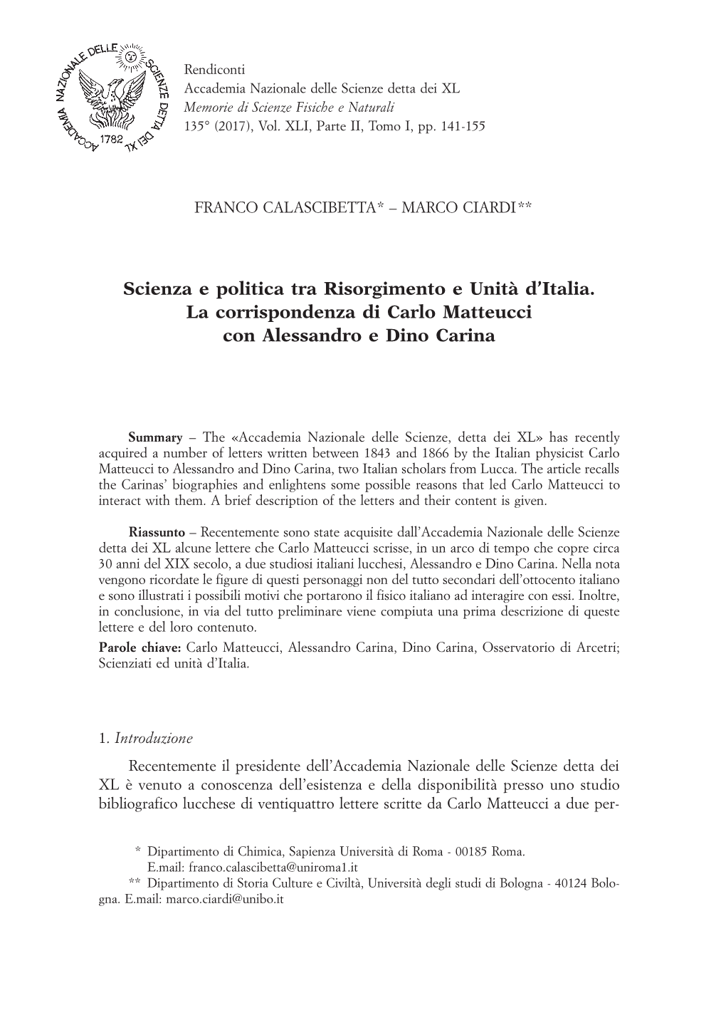 Scienza E Politica Tra Risorgimento E Unità D'italia. La Corrispondenza Di