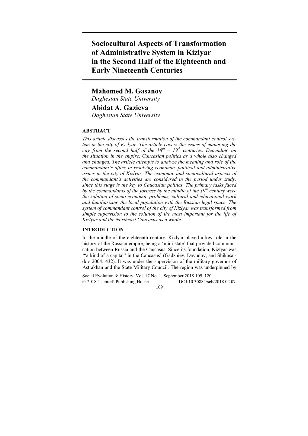 Sociocultural Aspects of Transformation of Administrative System in Kizlyar in the Second Half of the Eighteenth and Early Nineteenth Centuries