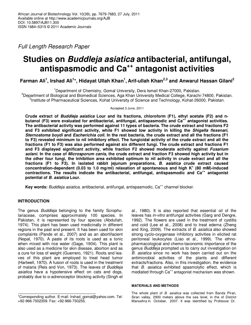 Studies on Buddleja Asiatica Antibacterial, Antifungal, Antispasmodic and Ca ++ Antagonist Activities