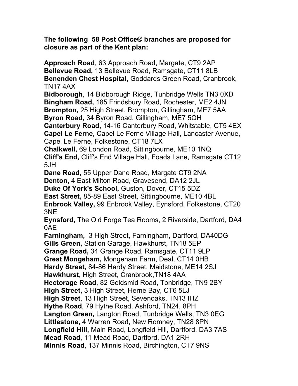 The Following 58 Post Office® Branches Are Proposed for Closure As Part of the Kent Plan