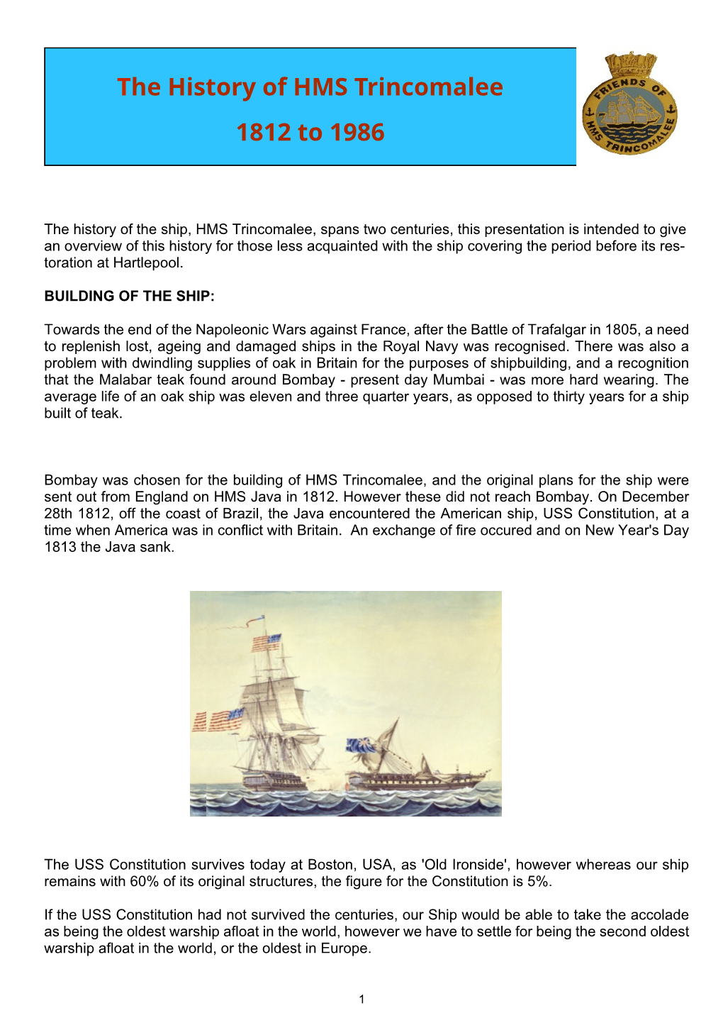 TK001 the History of HMS Trincomalee 1812 to 1986