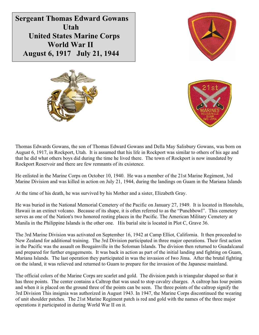 Sergeant Thomas Edward Gowans Utah United States Marine Corps World War II August 6, 1917 July 21, 1944