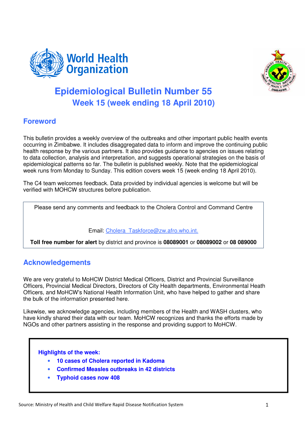 Epidemiological Bulletin Number 55 Week 15 (Week Ending 18 April 2010)