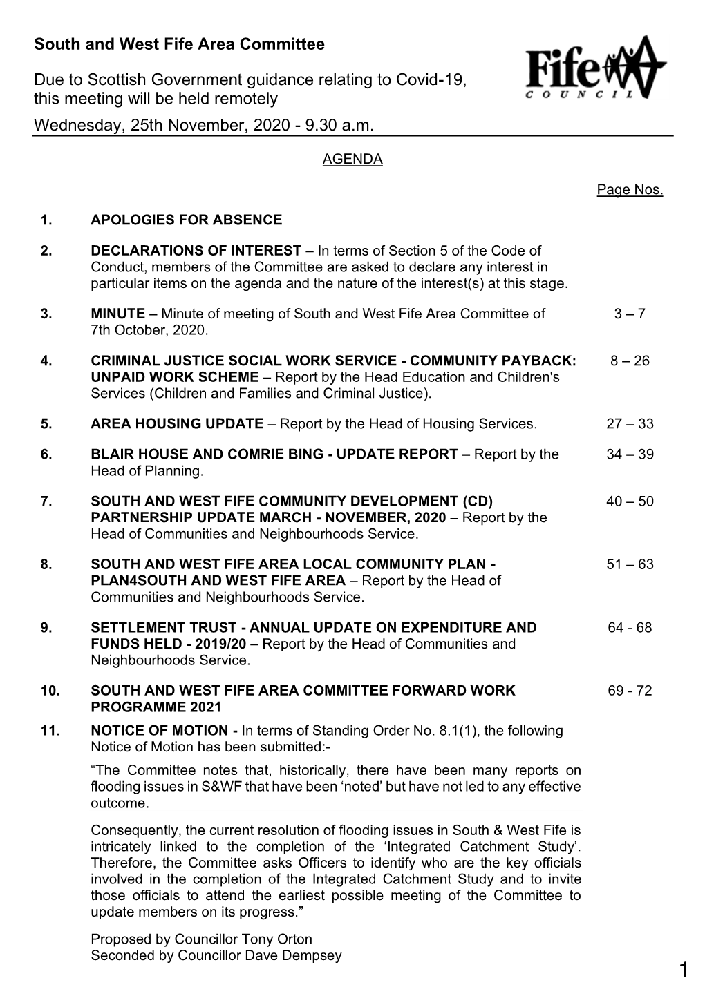 Agenda & Papers for Meeting of South & West Fife Area Committee of 25