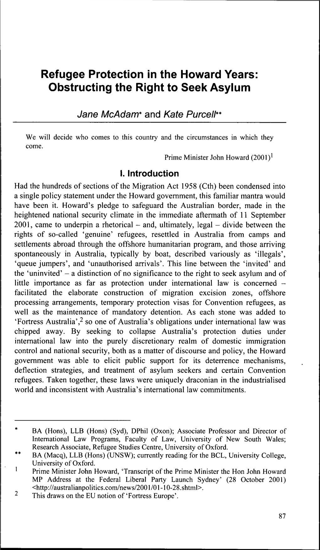 Refugee Protection in the Howard Years: Obstructing the Right to Seek Asylum