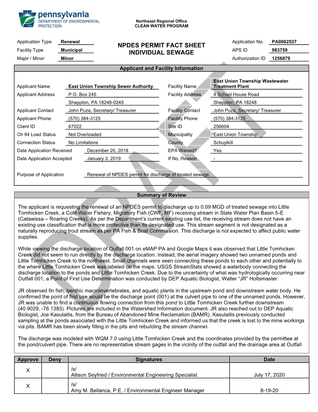 Npdes Permit Fact Sheet Individual Sewage