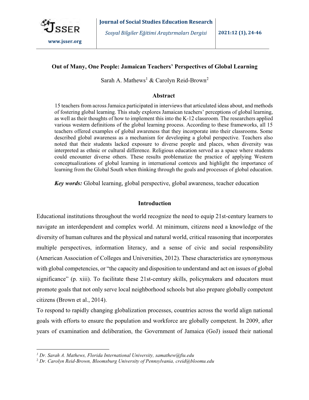 Jamaican Teachers' Perspectives of Global Learning Sarah A