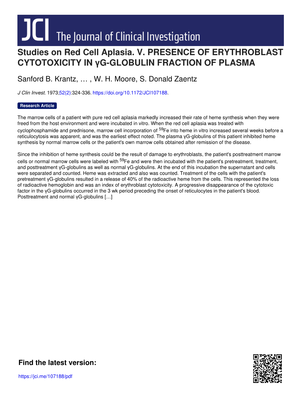 Studies on Red Cell Aplasia. V. PRESENCE of ERYTHROBLAST CYTOTOXICITY in Γg-GLOBULIN FRACTION of PLASMA
