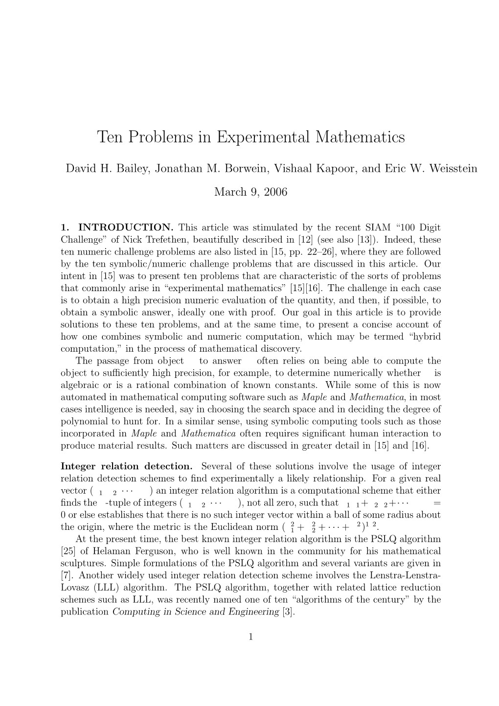 Ten Problems in Experimental Mathematics