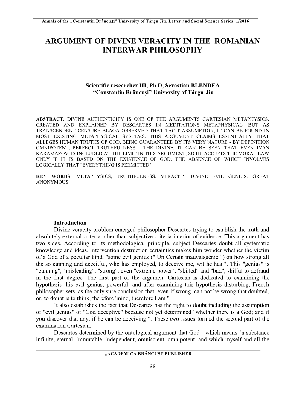 Argument of Divine Veracity in the Romanian Interwar Philosophy