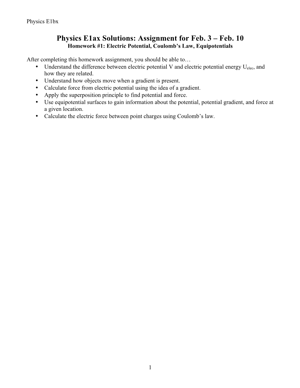 Physics E1ax Solutions: Assignment for Feb