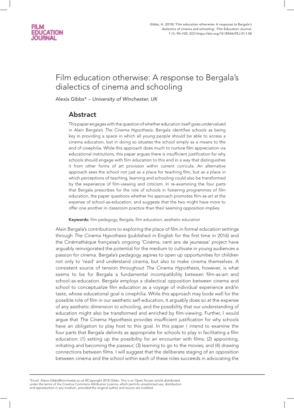 A Response to Bergala's Dialectics of Cinema and Schooling