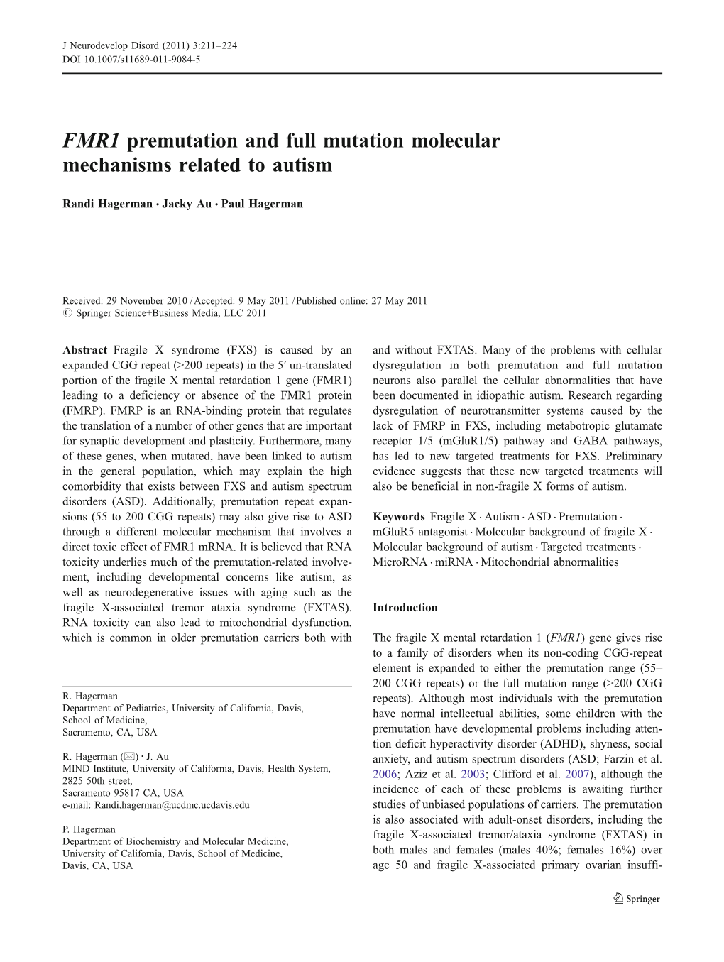 FMR1 Premutation and Full Mutation Molecular Mechanisms Related to Autism