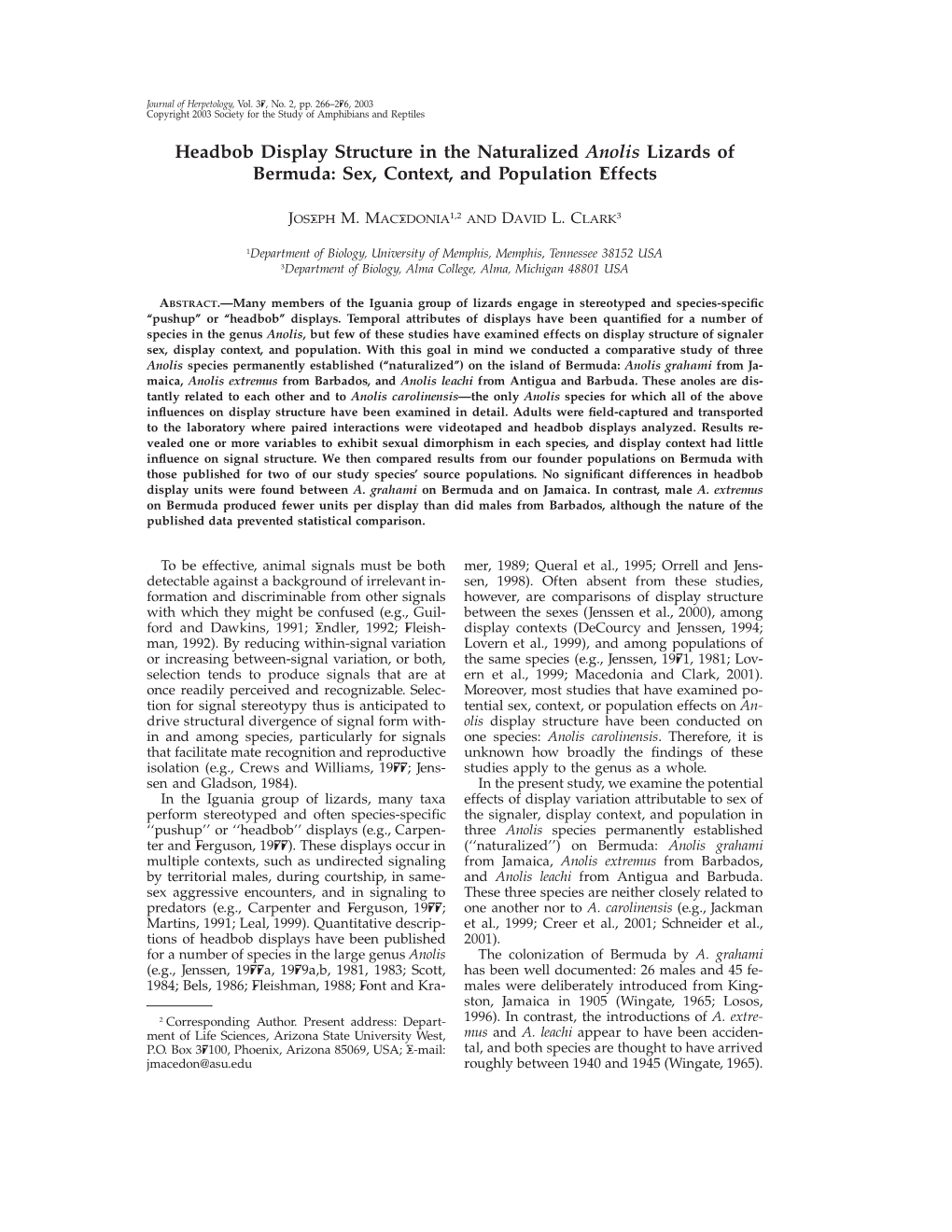 Headbob Display Structure in the Naturalized Anolis Lizards of Bermuda: Sex, Context, and Population Effects