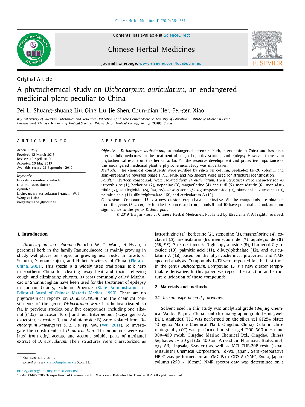 A Phytochemical Study on Dichocarpum Auriculatum, an Endangered Medicinal Plant Peculiar to China