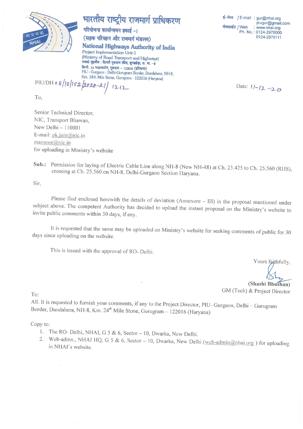 Permission for Laying of Electric Cable Line Along NH-8 (New NH-48) at Ch