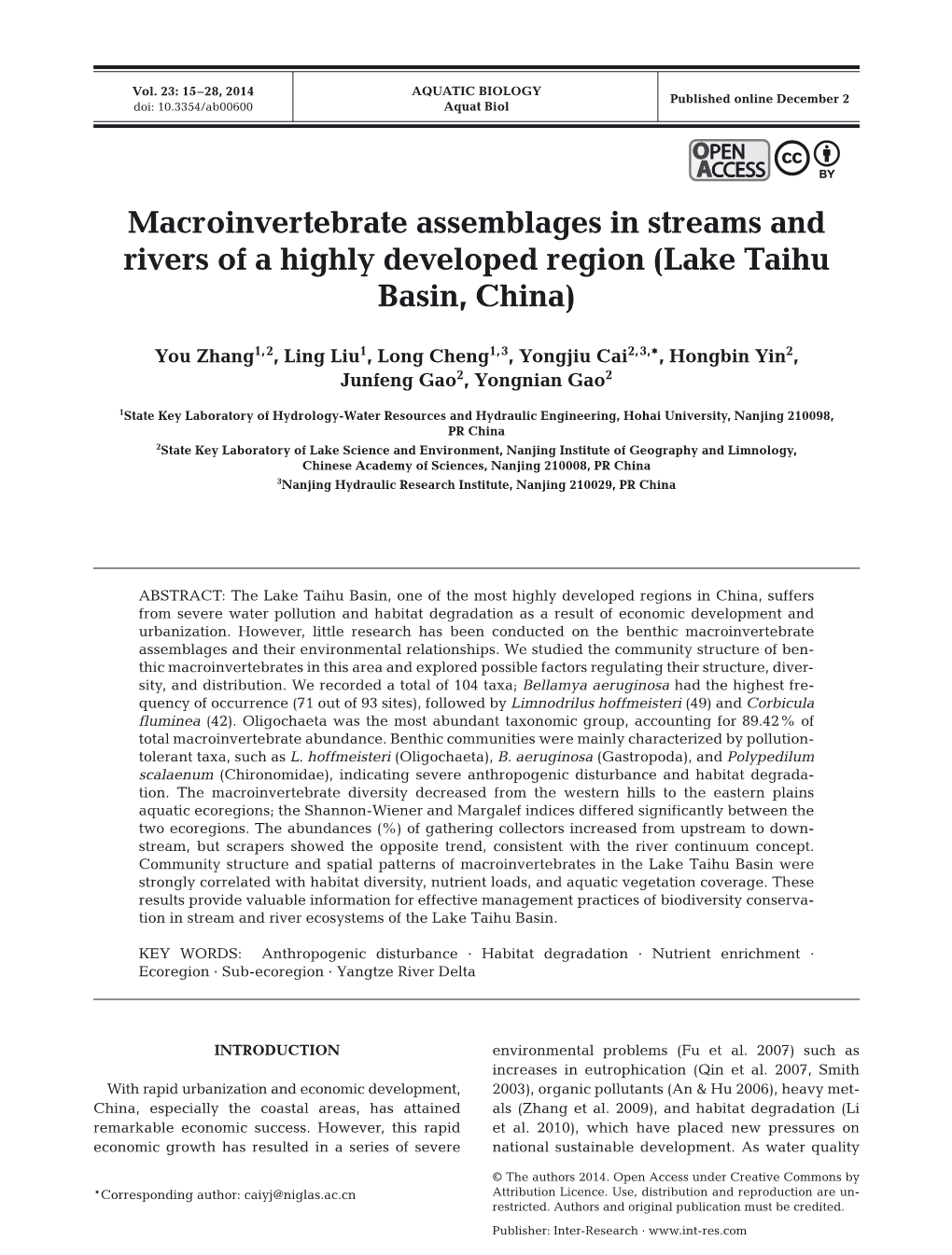 Macroinvertebrate Assemblages in Streams and Rivers of a Highly Developed Region (Lake Taihu Basin, China)