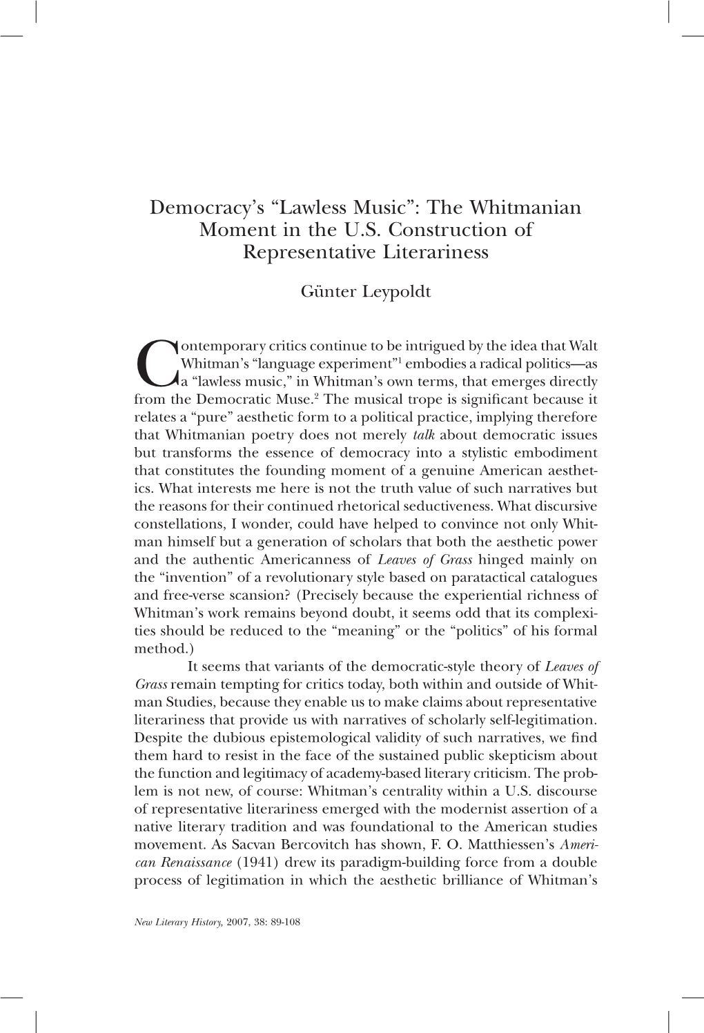 Democracy's “Lawless Music”: the Whitmanian Moment in the U.S