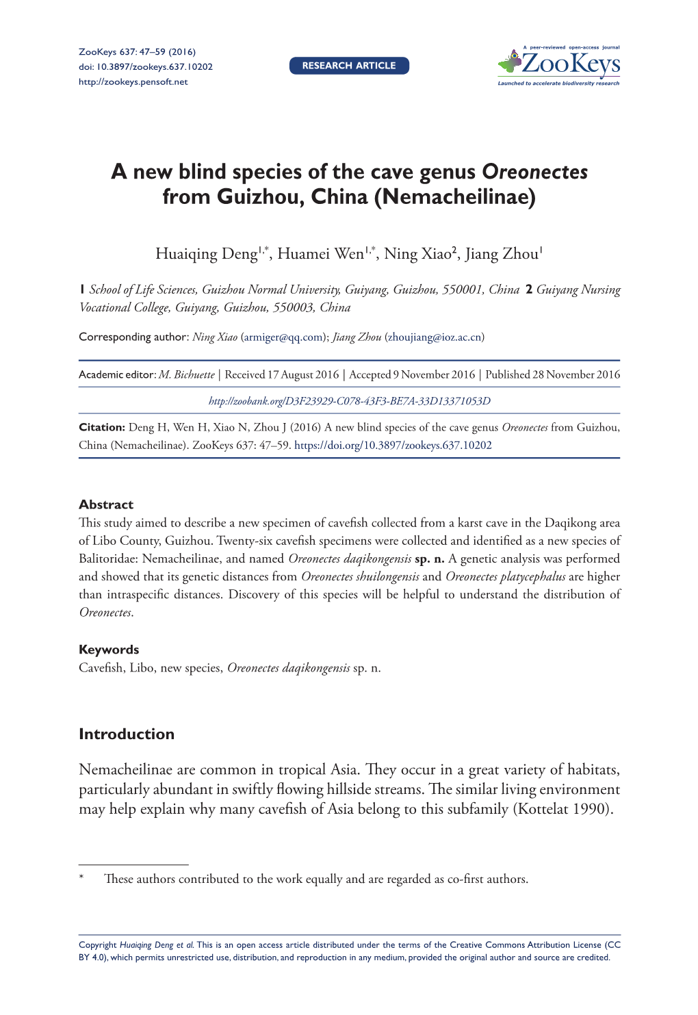 A New Blind Species of the Cave Genus Oreonectes from Guizhou, China (Nemacheilinae)