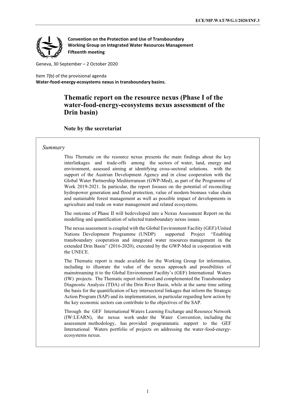 Thematic Report on the Resource Nexus (Phase I of the Water-Food-Energy-Ecosystems Nexus Assessment of the Drin Basin)