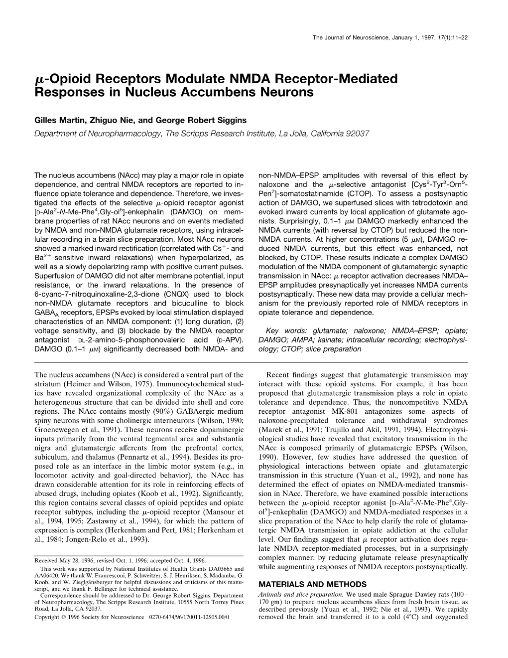 Opioid Receptors Modulate NMDA Receptor-Mediated Responses in Nucleus Accumbens Neurons