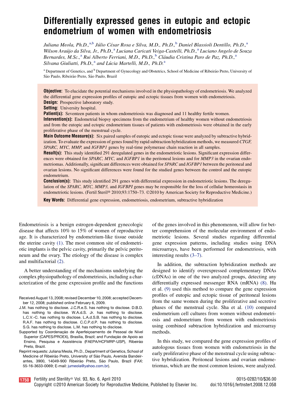 Differentially Expressed Genes in Eutopic and Ectopic Endometrium of Women with Endometriosis