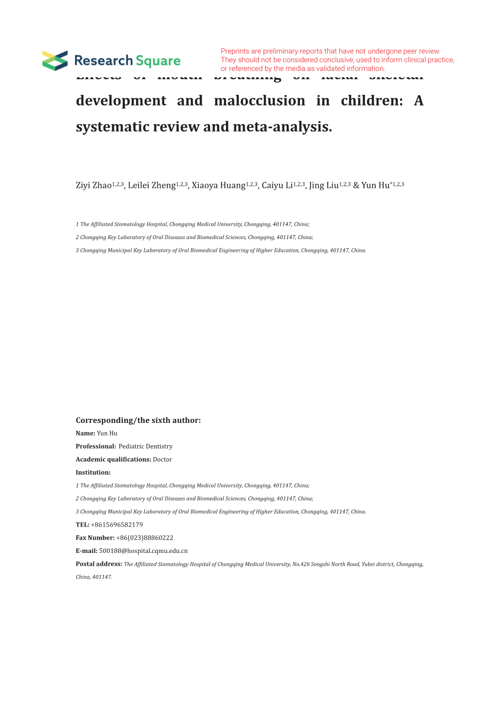 Effects of Mouth Breathing on Facial Skeletal Development and Malocclusion in Children: a Systematic Review and Meta-Analysis