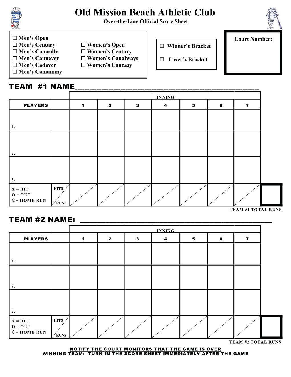 Old Mission Beach Athletic Club Over-The-Line Official Score Sheet