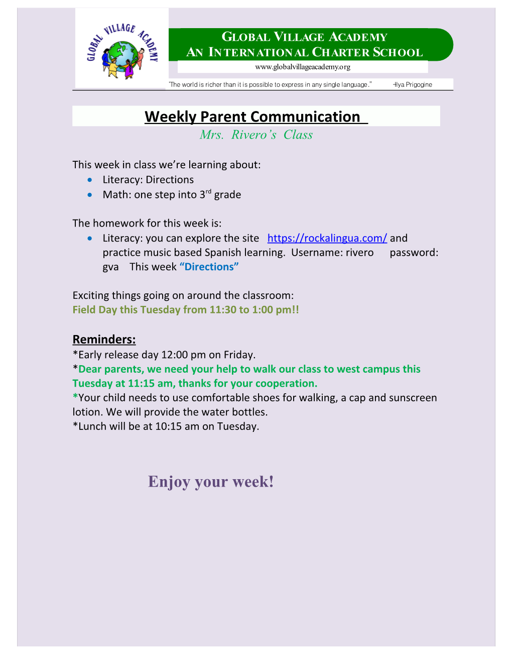 Weekly Parent Communication Template