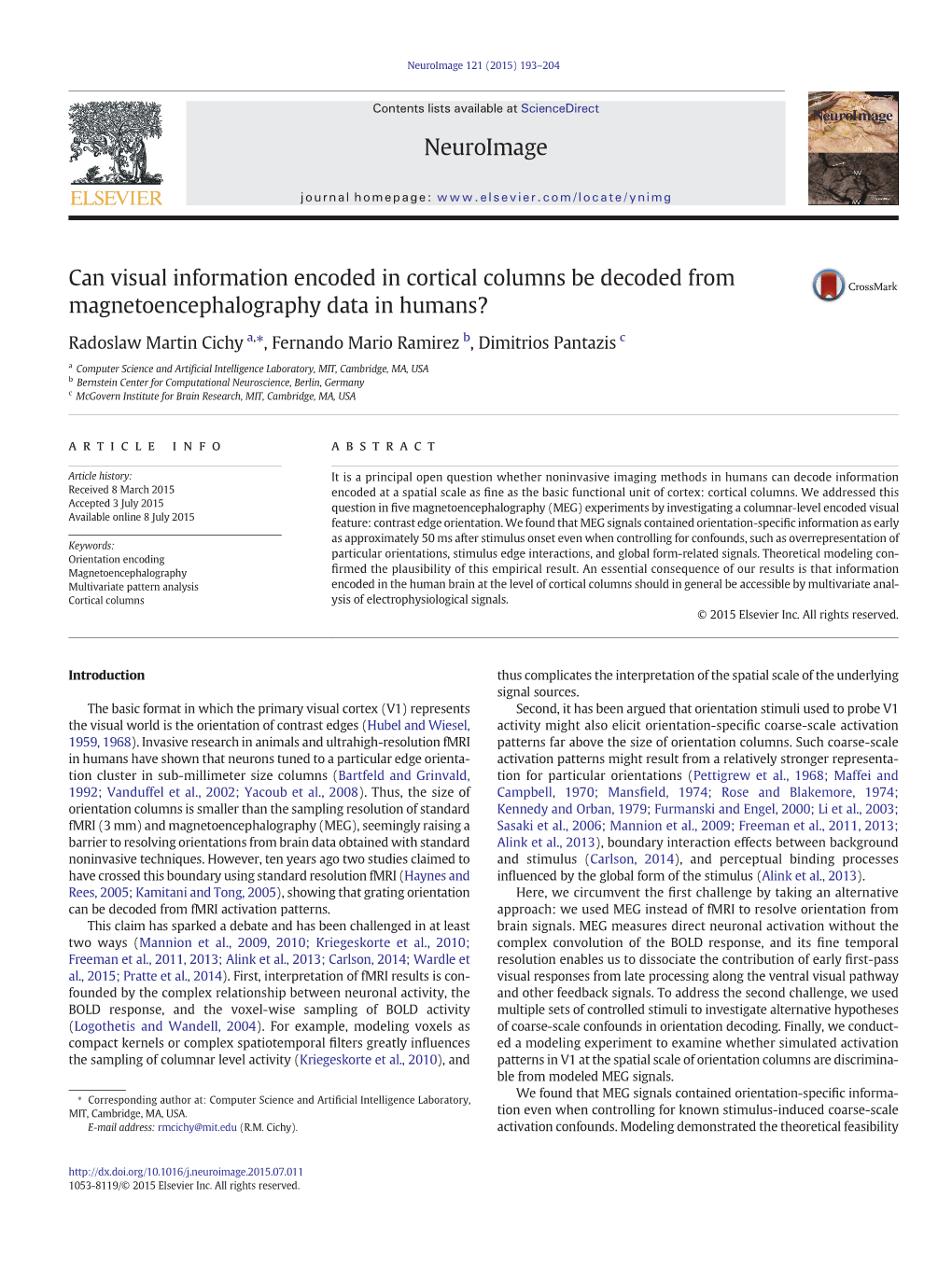 Can Visual Information Encoded in Cortical Columns Be Decoded from Magnetoencephalography Data in Humans?