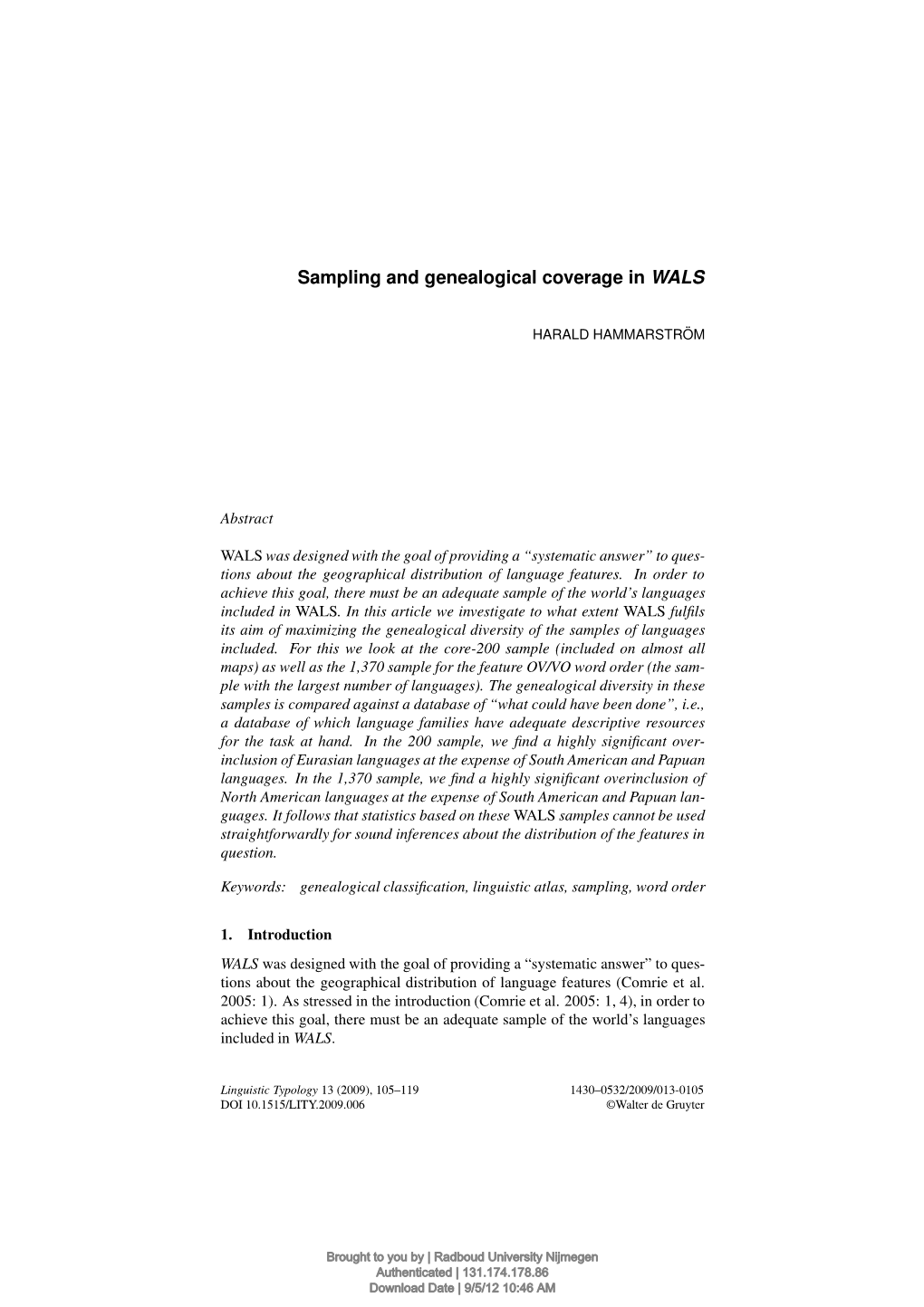 Sampling and Genealogical Coverage in WALS