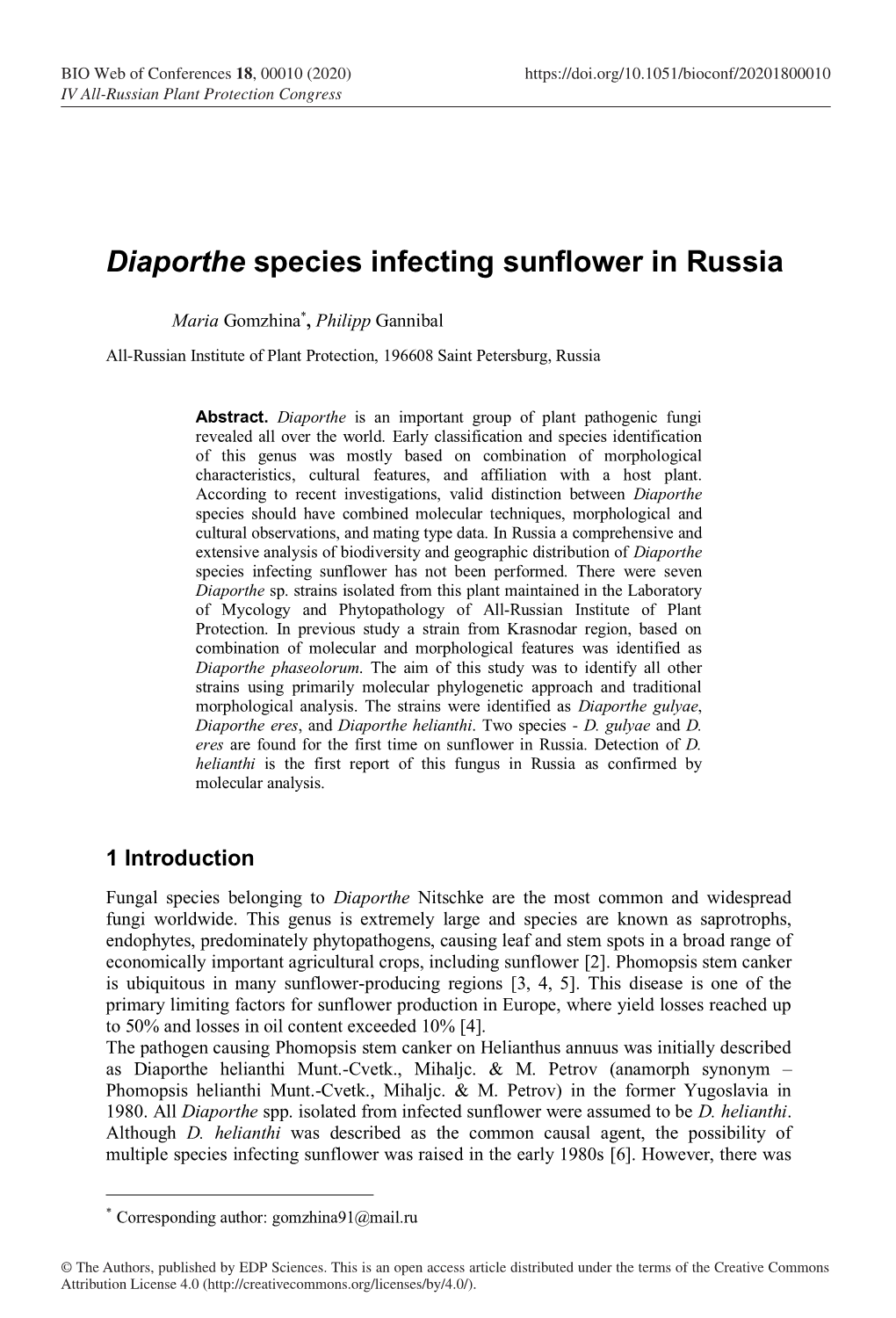 Diaporthe Species Infecting Sunflower in Russia