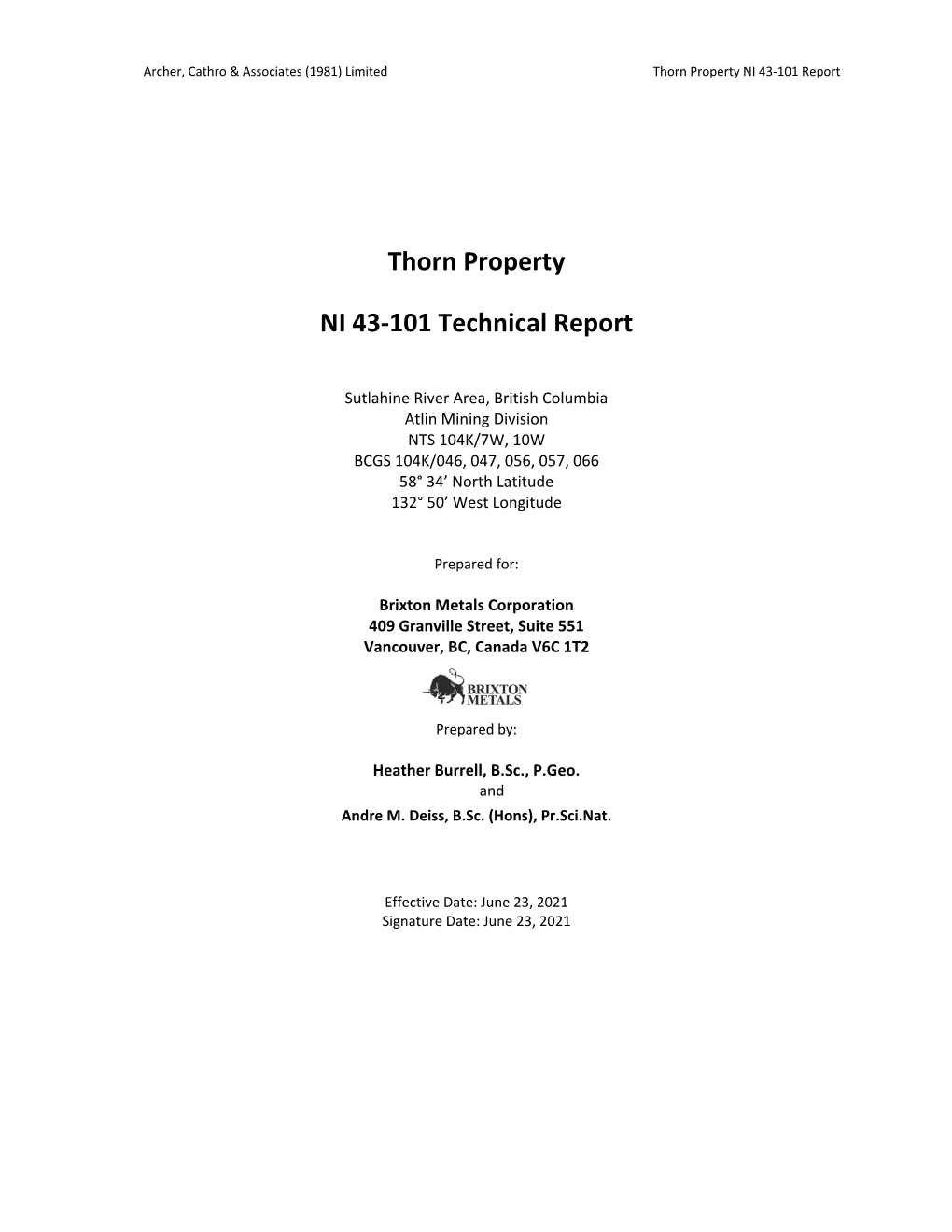 Thorn Property NI 43-101 Technical Report