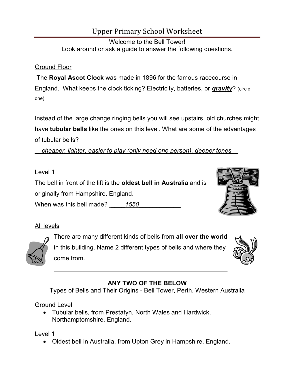 Upper Primary School Worksheet Welcome to the Bell Tower! Look Around Or Ask a Guide to Answer the Following Questions