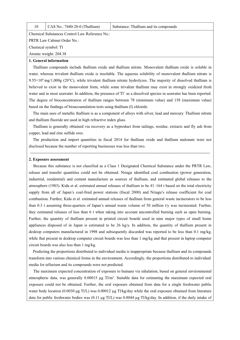 10 CAS No.: 7440-28-0 (Thallium) Substance: Thallium and Its