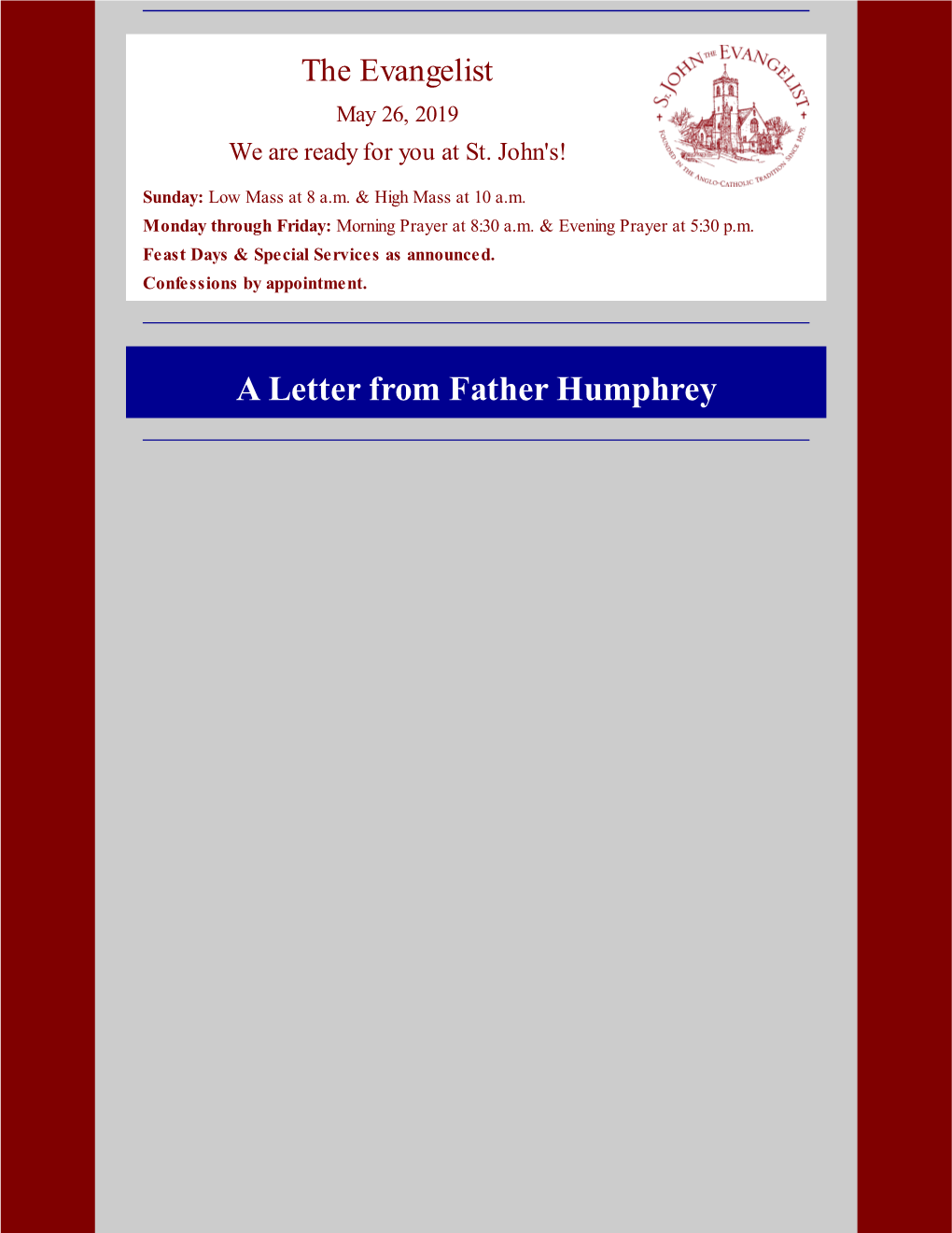 A Letter from Father Humphrey Dear People, Neighbors, and Friends of St