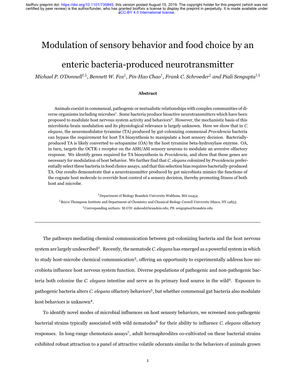 Modulation of Sensory Behavior and Food Choice by an Enteric Bacteria-Produced Neurotransmitter