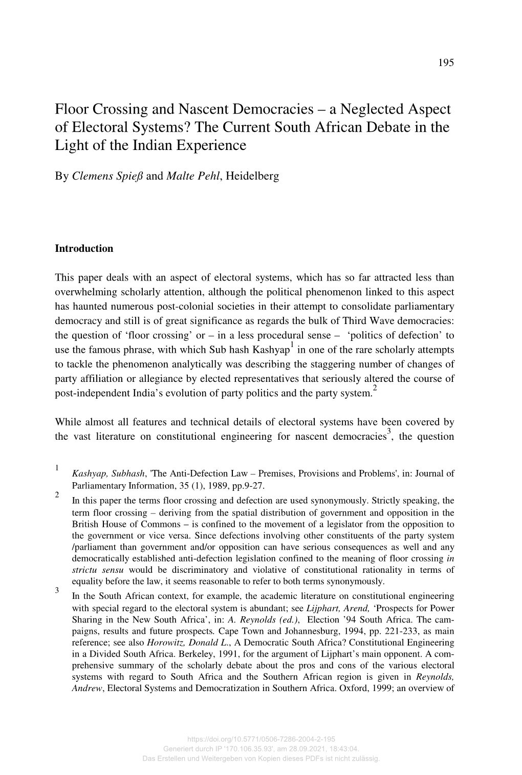 Floor Crossing and Nascent Democracies – a Neglected Aspect of Electoral Systems? the Current South African Debate in the Light of the Indian Experience