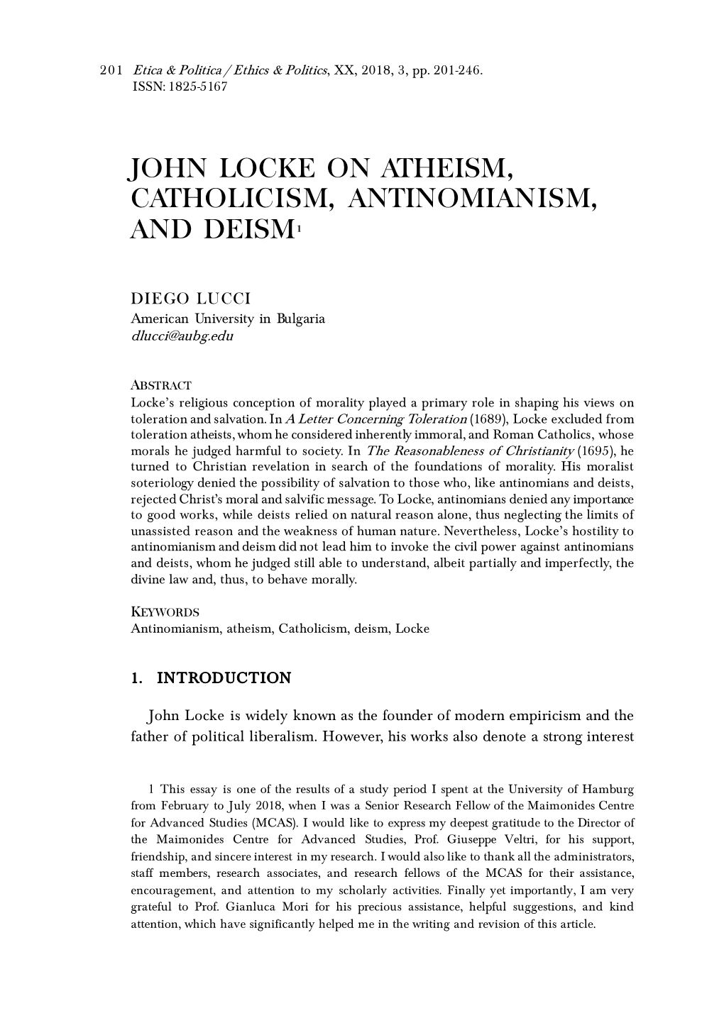 John Locke on Atheism, Catholicism, Antinomianism, and Deism1