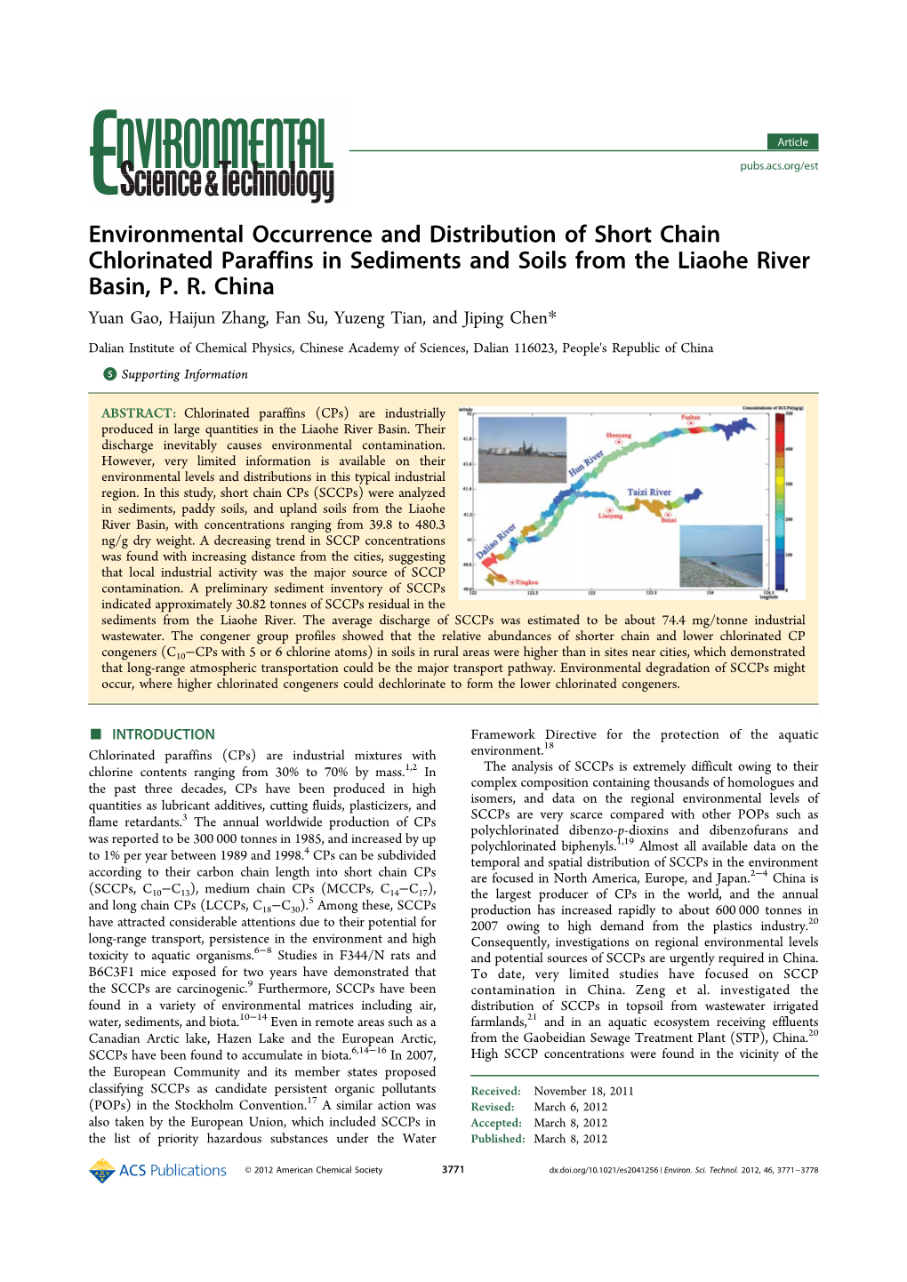 Environmental Occurrence and Distribution of Short Chain Chlorinated Paraffins in Sediments and Soils from the Liaohe River Basin, P