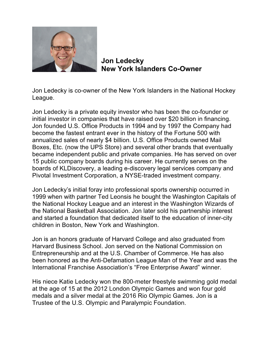 Jon Ledecky New York Islanders Co-Owner