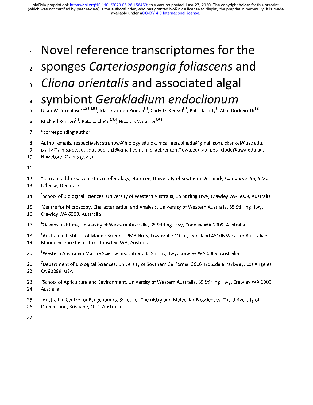 Novel Reference Transcriptomes for the Sponges Carteriospongia