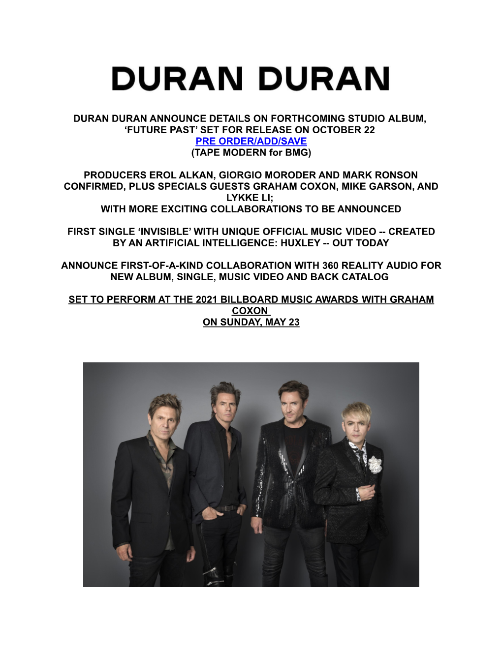 Duran Duran Announce Details on Forthcoming Studio Album, 'Future Past'