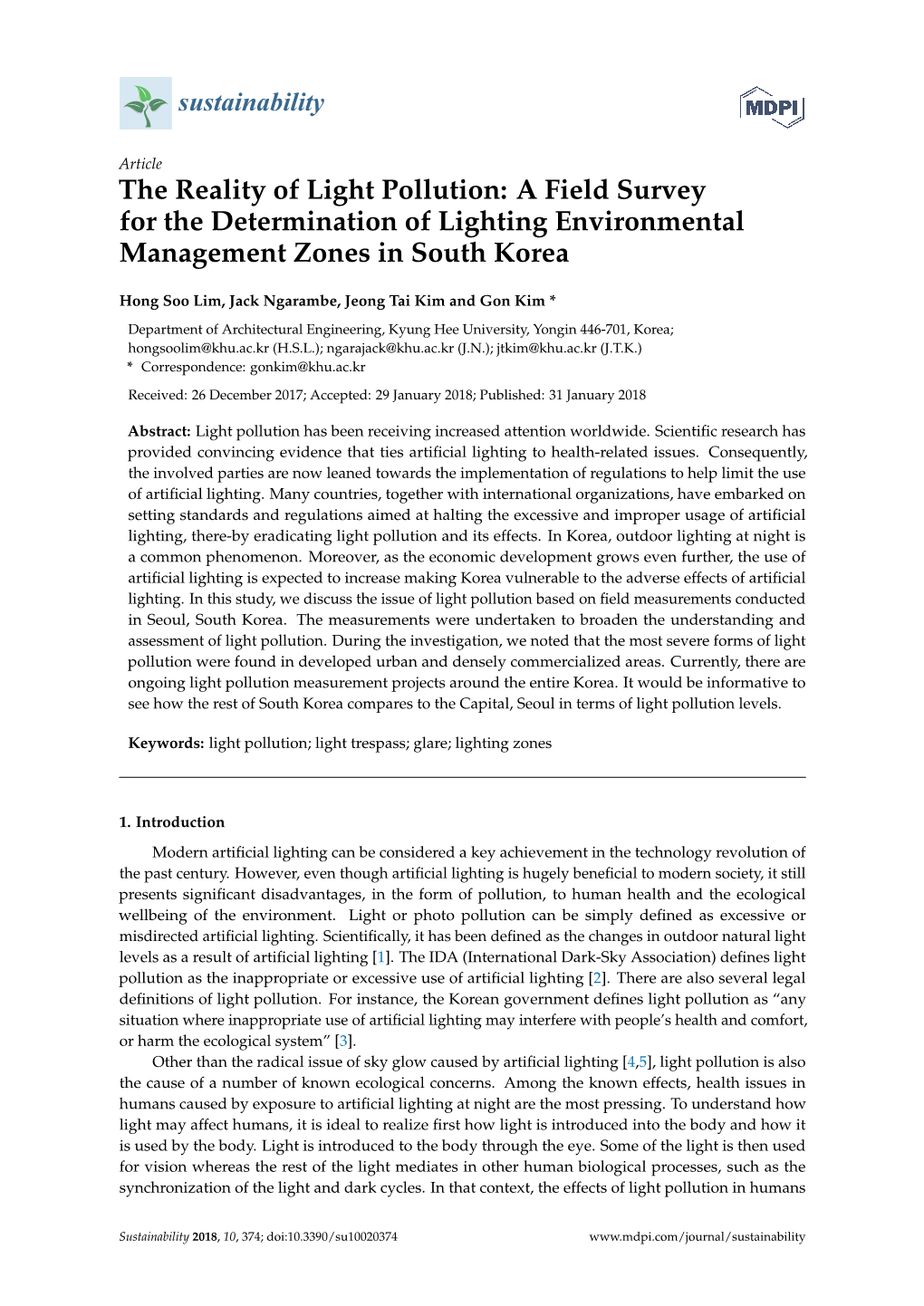 The Reality of Light Pollution: a Field Survey for the Determination of Lighting Environmental Management Zones in South Korea