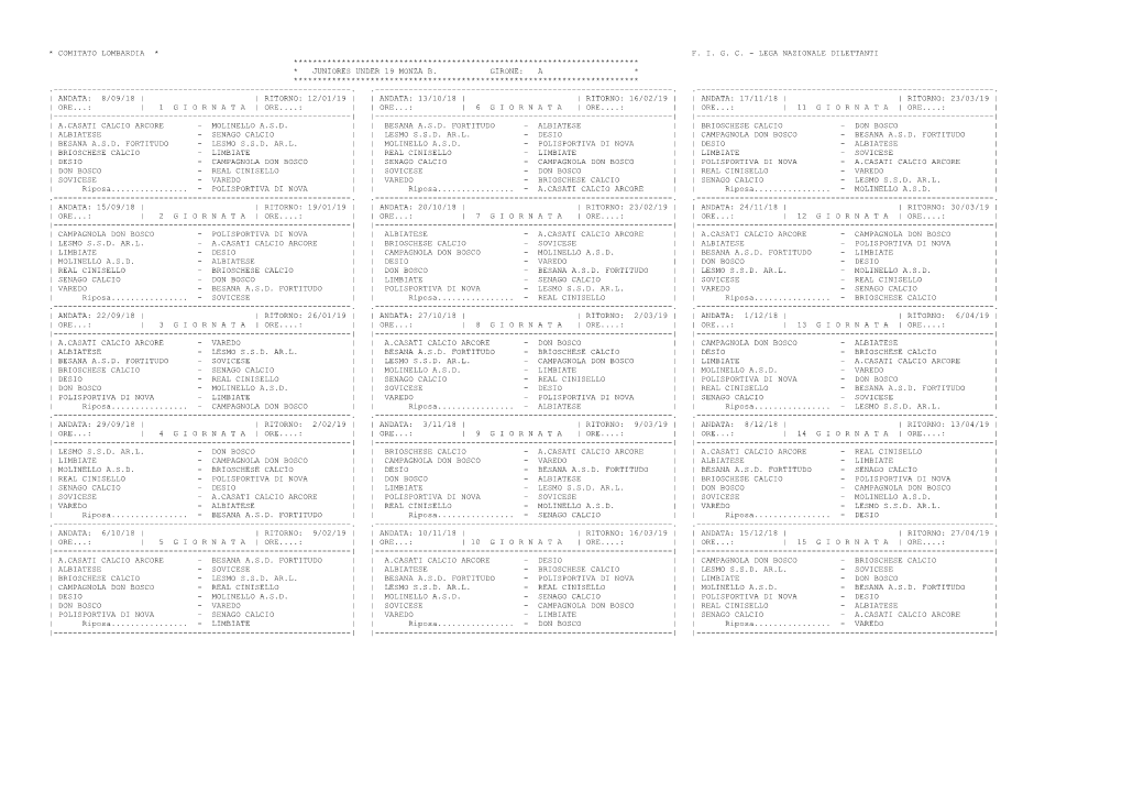 Comitato Lombardia * F. I. G. C. - Lega Nazionale Dilettanti ************************************************************************ * Juniores Under 19 Monza B