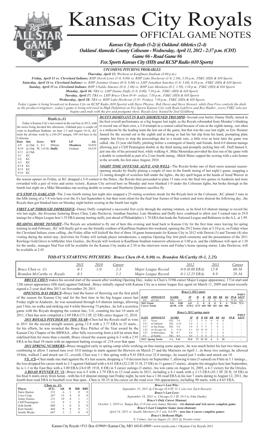 Kansas City Royals OFFICIAL GAME NOTES Kansas City Royals (3-2) @ Oakland Athletics (2-4) Oakland Alameda County Coliseum - Wednesday, April 11, 2012 - 2:37 P.M