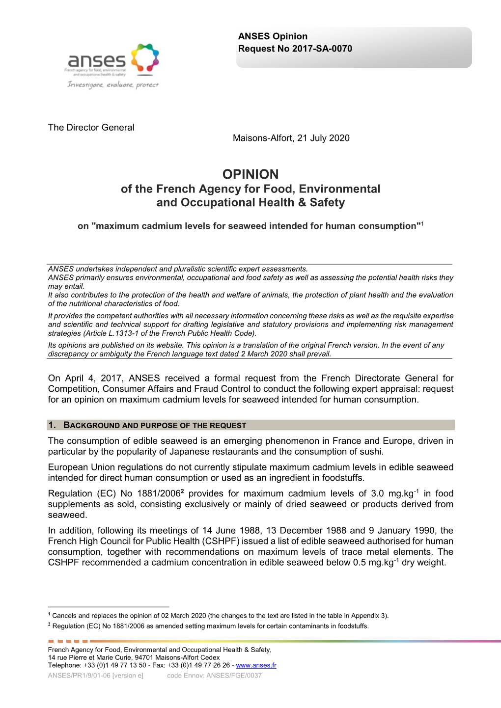 Maximum Cadmium Levels for Seaweed Intended for Human Consumption