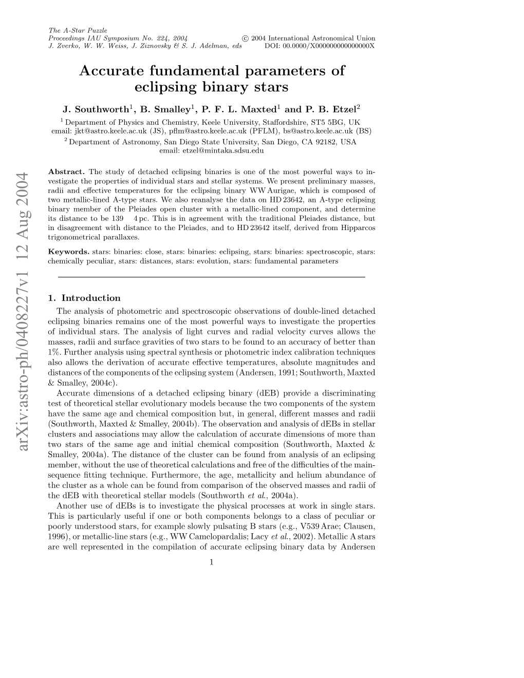 Accurate Fundamental Parameters of Eclipsing Binary Stars 3 Castellani Et Al