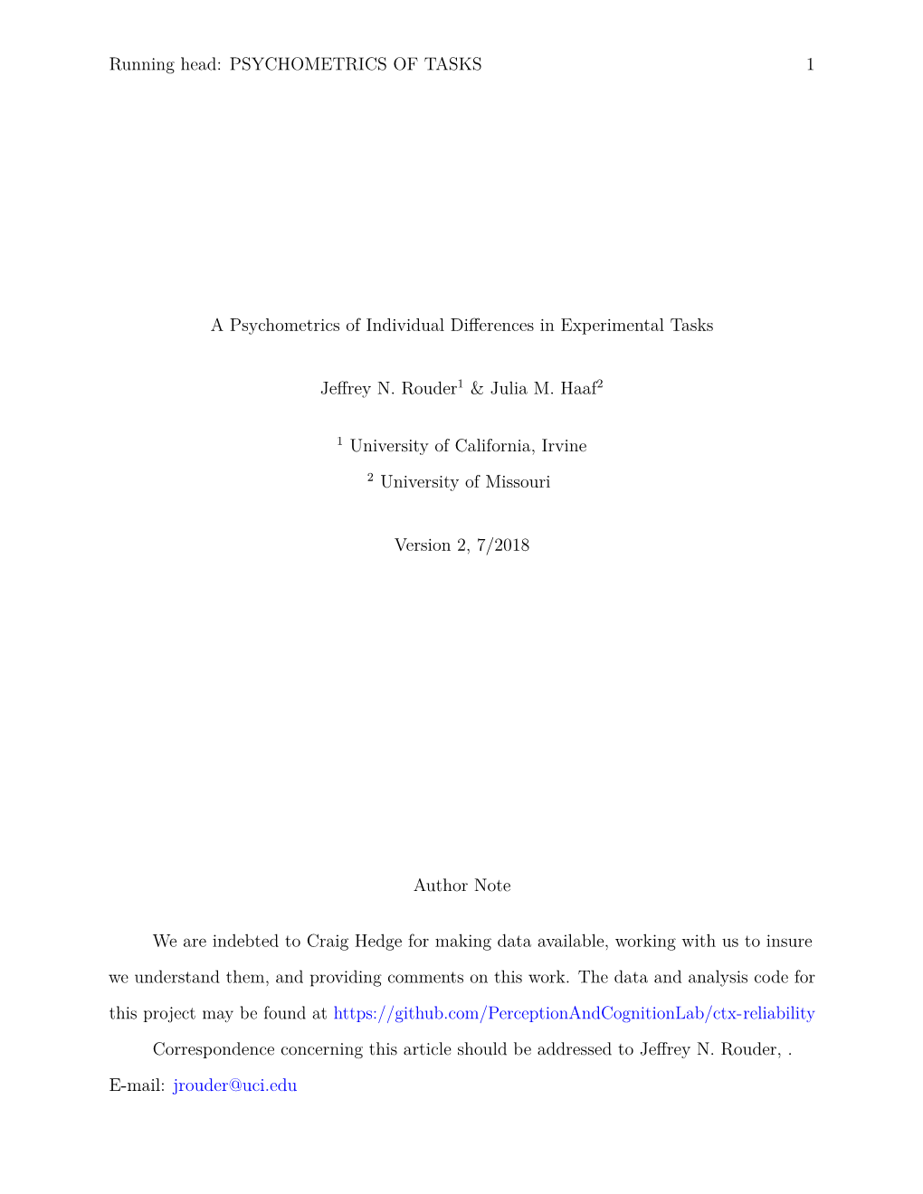 A Psychometrics of Individual Differences in Experimental Tasks