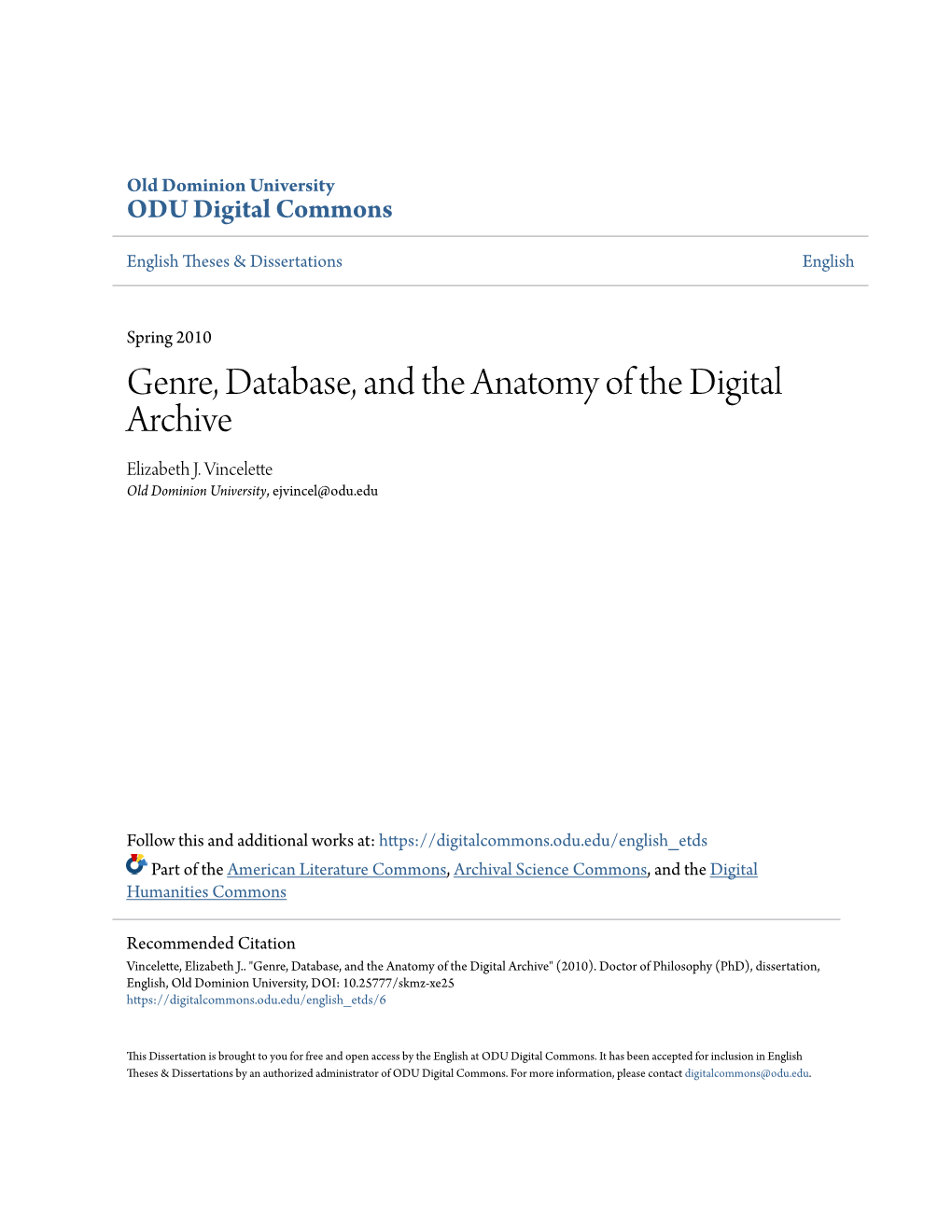 Genre, Database, and the Anatomy of the Digital Archive Elizabeth J